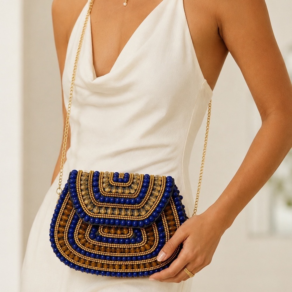 Ramla Handmade Beaded Mosaic Clutch Crossbody Bag Blue Gold Amber Evening NWT